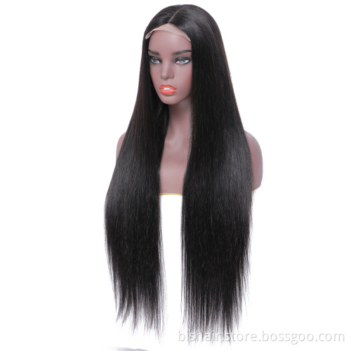 Brazilian black ladies real hair wig 28 inch straight hair 100% real human hair 13x4T partial pre-pulled mesh wig wholesaler